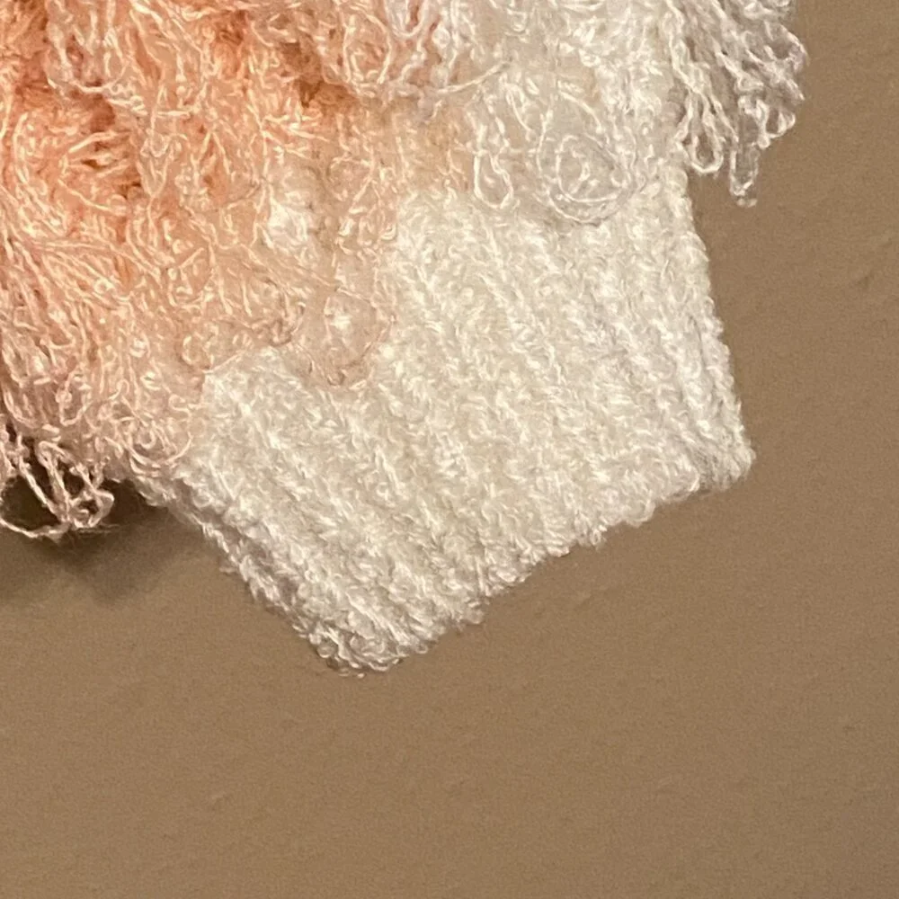 CRISTINA'S White Gray & Pink Pastel Shaggy Fluffy Sweater Hand Crochet Size (L)